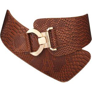 Women's Wide Elastic Stretch Waist Belt Adjustable Dress Belt Brown Gold Buckle